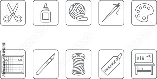 Hand drawn craft and diy icons set including scissors glue yarn needle and palette