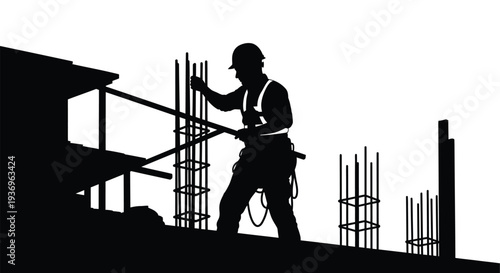 A construction worker is depicted on a building site carefully reinforcing steel bars a striking silhouette high quality professional