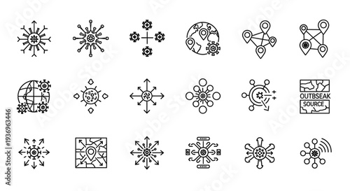 Virus Outbreak and Infection Source Location Line Icon Set
