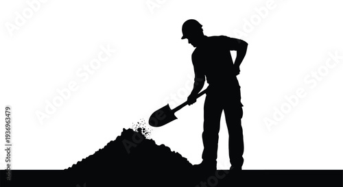 A stark black silhouette depicts a worker digging with a shovel creating a mound of earth a powerful silhouette
