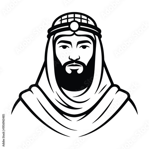 Man in traditional middle eastern headscarf and headband staring ahead