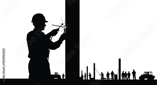 A construction worker welding against a bright backdrop with distant figures and machinery a striking silhouette high quality professional