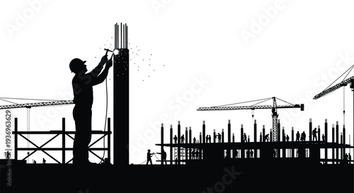 A construction worker welds a steel beam against a cityscape backdrop showcasing industrial progress in a striking silhouette