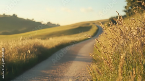Winding Road Through Lush Green Fields Under Soft Sunlight in a Serene Landscape