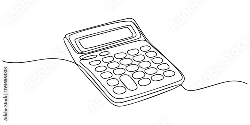 Continuous line drawing art of calculator accounting tool. Calculator in single line draw with active stroke, Continuous line drawing art of calculator accounting tool. Calculator in single line draw