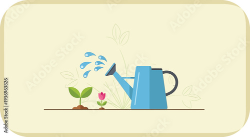 Blue watering can nourishes a small green sprout and a tiny pink flower growing in rich soil illustration