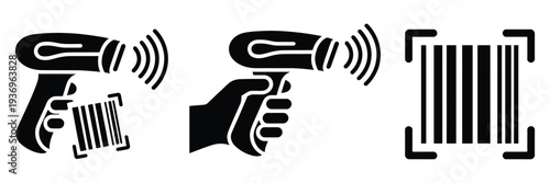 Product code scanner tool icon in silhouette pictogram style on white background, handheld barcode scanning device symbol, retail POS technology icon, simple flat monochrome pictogram isolated 