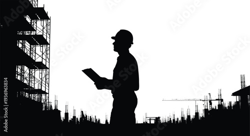 A construction worker reviews plans against a backdrop of scaffolding and a building under construction a striking silhouette