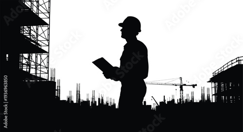 A construction worker reviews plans against a backdrop of scaffolding and cranes presented as a striking silhouette high quality