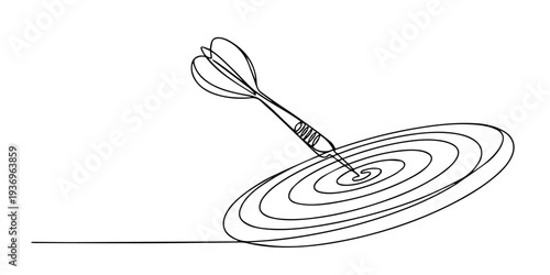 Hand-drawn arrow hitting bullseye in minimalist style illustration, no editable stroke, Continuous one line of a darts target with arrow, symbolizing focus, accuracy, and leisure, drawn illustration