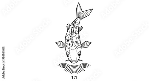 Koi Fish Illustration, Japanese Carp, Line Art, Black and White, Vector