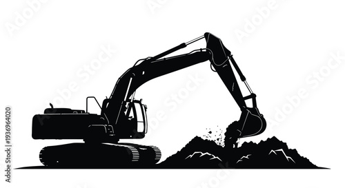 A stark black silhouette of a heavy duty excavator digging into a mound of earth and debris silhouette