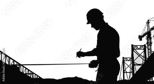 A construction worker appears to be surveying a building site against a bright white background silhouette high quality professional