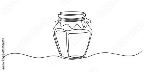 Jar of honey continuous one line drawing, Glass canning jar and big spoon with honey in continuous line art drawing style. Food preserve. Continuous one line drawing Editable stroke, Continuous one