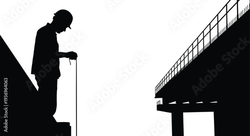 A solitary man with a walking stick contemplates the edge of a bridge presented as a dramatic silhouette