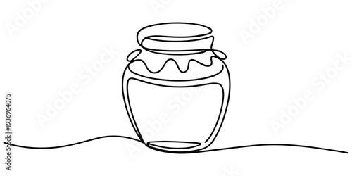 Jar of honey continuous one line drawing, Glass canning jar and big spoon with honey in continuous line art drawing style. Food preserve. Continuous one line drawing Editable stroke, Continuous one