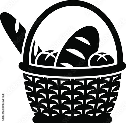Wicker Bread Basket Loaf Rolls Baguette Silhouette Vector Bakery Fresh Baked Assortment Black Illustration Isolated
