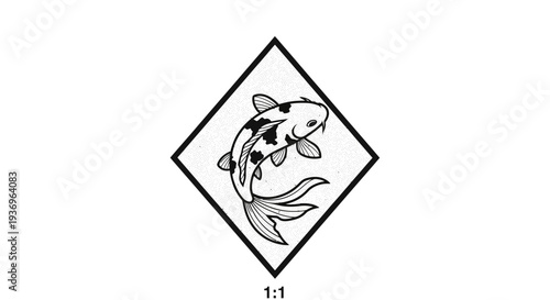Koi fish symbol in diamond frame, Japanese art, black and white vector illustration