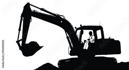 A striking black silhouette depicts a construction excavator with an operator showcasing heavy machinery at work silhouette high quality