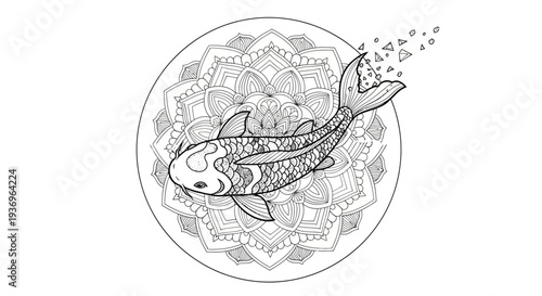 Zen Koi Fish Mandala Drawing, Spiritual Zen Art, Meditation Symbol