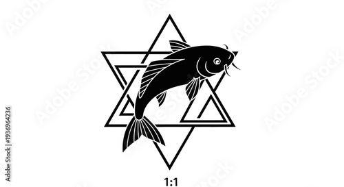Black Koi Fish Silhouette Over Geometric Star Background