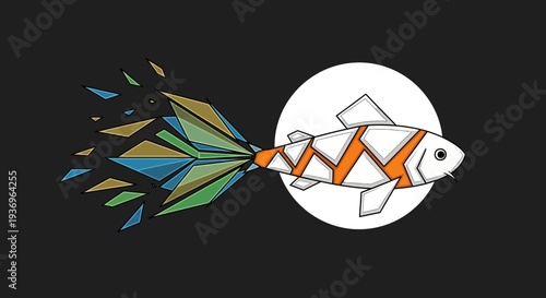 Geometric Koi Fish Illustration with Exploding Tail and Moon