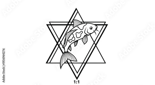 Koi Fish and Geometric Sacred Geometry Symbol, Tattoo Design, Black and White