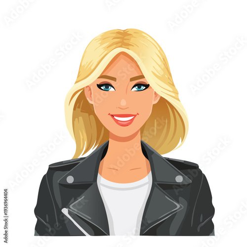 Woman with blond hair in leather jacket