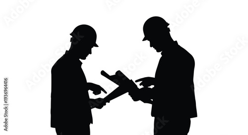 Two construction workers are deeply engaged in a discussion over blueprints on a bright plain background silhouette high quality