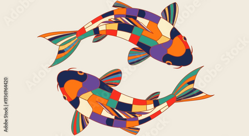 Colorful Koi Fish Mosaic Art, Yin Yang Symbol, Japanese Culture