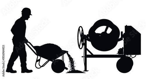 A construction worker pushing a wheelbarrow near a cement mixer all rendered as a striking silhouette high quality professional