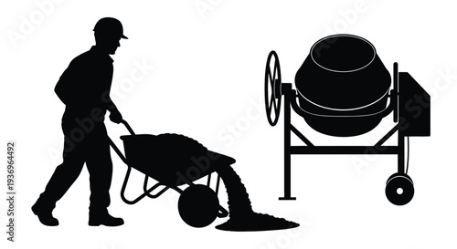 A construction worker pushing a wheelbarrow near a cement mixer depicted in a striking black silhouette high quality professional