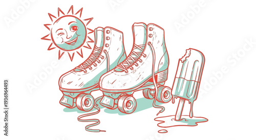 Retro-style line art illustration of classic quad roller skates with a winking sun and a melting ice cream popsicle. Minimalist dual-tone teal and coral design, perfect for 70s disco-themed t-shirts