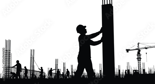 Construction workers are shown in a stark dramatic silhouette against a bright sky emphasizing the building process silhouette