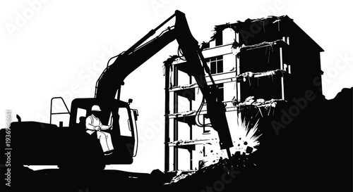 A construction excavator demolishes a partially ruined building creating debris and dust presented as a silhouette high quality professional