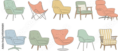 Modern illustration collection of stylish seating including upholstered lounge chairs and ergonomic armchairs in soft pastel colors