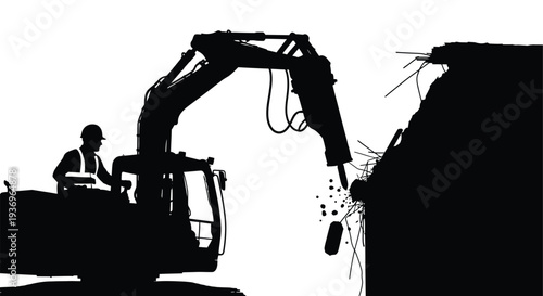 A construction worker operates an excavator breaking ground with a jackhammer against a dark backdrop silhouette high quality