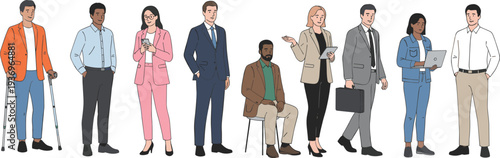 Professional business character collection featuring a diverse corporate team including people in wheelchairs or using crutches for workplace inclusion and equality concepts.