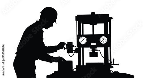 A skilled worker meticulously operates complex testing machinery in a stark dramatic black silhouette high quality professional detailed modern
