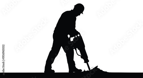 A construction worker operates a jackhammer against a stark white background creating a dramatic silhouette high quality professional detailed