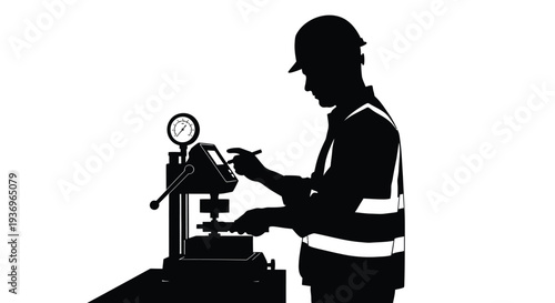 A worker in a high visibility vest operates machinery and monitors gauges presented as a striking silhouette high quality professional