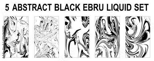 Set Ink texture of 5 watercolor hand drawn artistic marbling invitation, traditional Turkish ebru illustration.