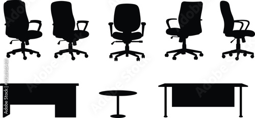 Flat black silhouette collection of various office chairs and modern desks representing corporate workplace environment and professional station.
