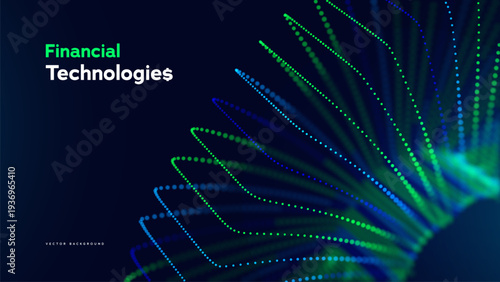 Financial Technology Abstract Data Stack With Glowing Blue And Green Dots On Dark Background For Digital Banking, Blockchain And Innovation. Financial Technologies Concept. Vector Illustration.