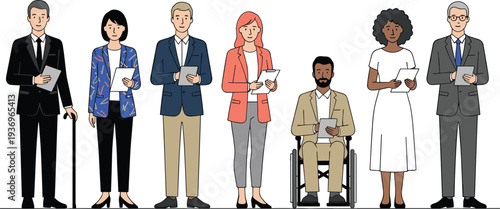 Flat character set featuring diverse men and women in professional business attire representing workplace accessibility and social equity.