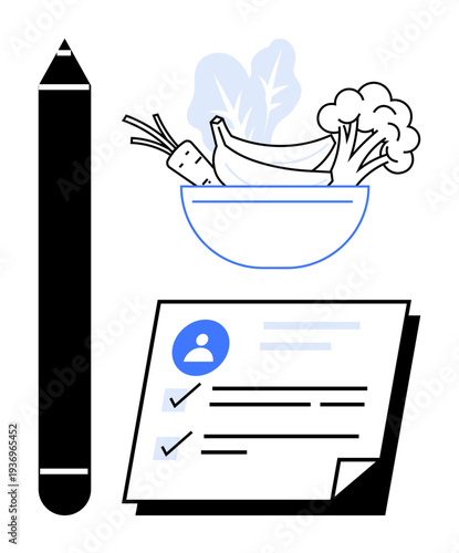 Pen, bowl with vegetables and fruits, and checklist with tasks. Ideal for health, nutrition planning, diet tracking, self-improvement, productivity organization goal setting. Simple flat metaphor