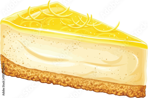 A slice of lemon cheesecake with a graham cracker crust and a vibrant yellow topping