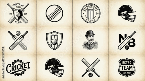 Cricket Icons Vector Set | Wicket Bats Helmet Ball Jersey Cap Gloves Championship Logo | Black and White Sports Equipment Vector Art for Cricket Design Collection