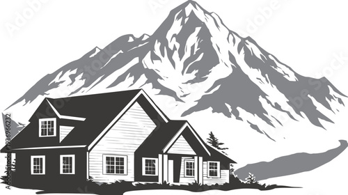 A grayscale illustration of a house with a mountainous backdrop. A home and the landscape