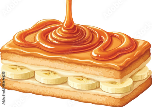 A delicious slice of banana cake with caramel sauce being poured on top